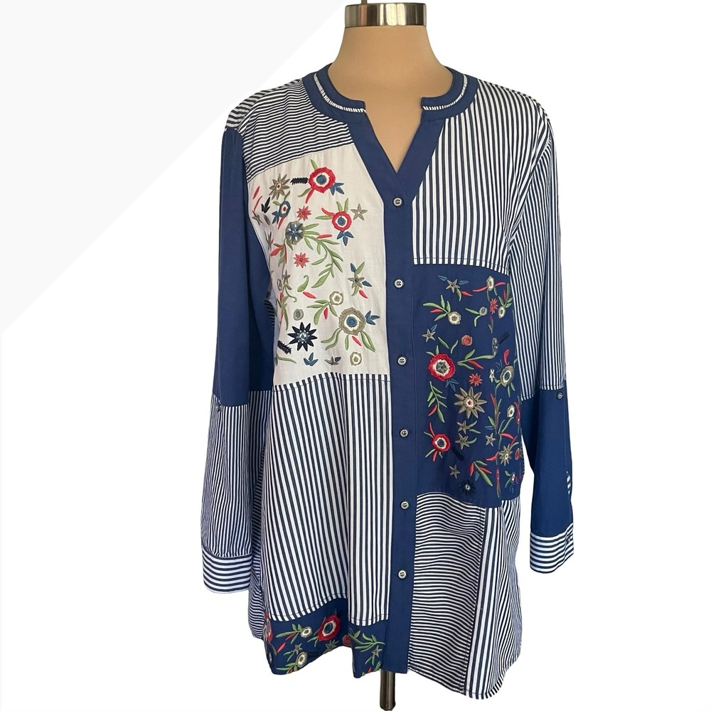 Multiples Blue Patchwork Floral Embroidered Button Down Tunic Sz XL‎ Boho Casual